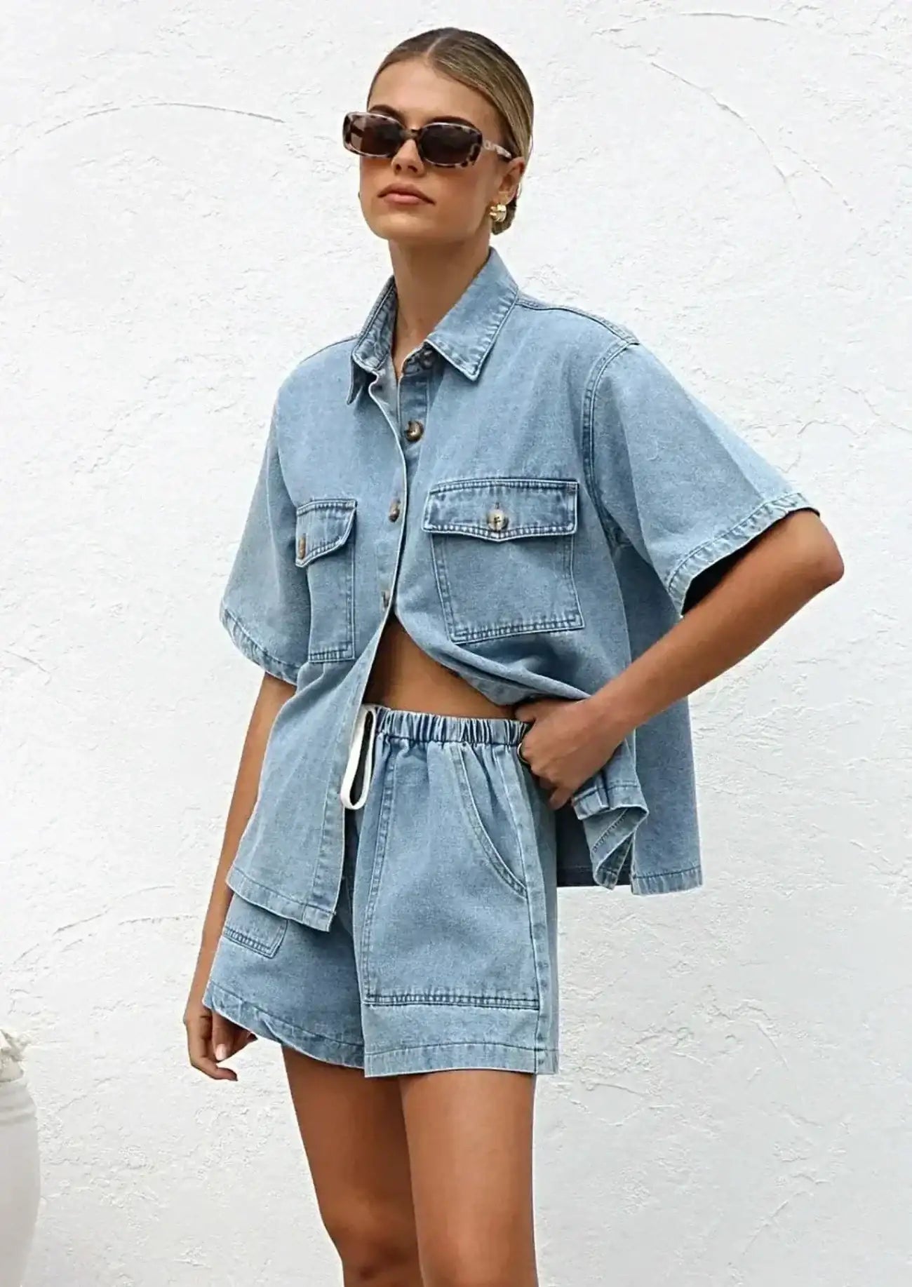 Collared Neck Button Up Top and Shorts Denim Set -