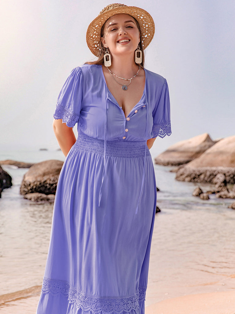 Plus Size Lace Detail Tie Neck Short Sleeve Maxi Dress