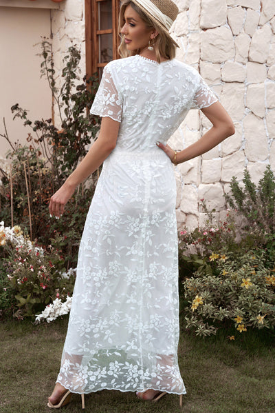 Embroidered Short Sleeve Surplice Neck Maxi Dress