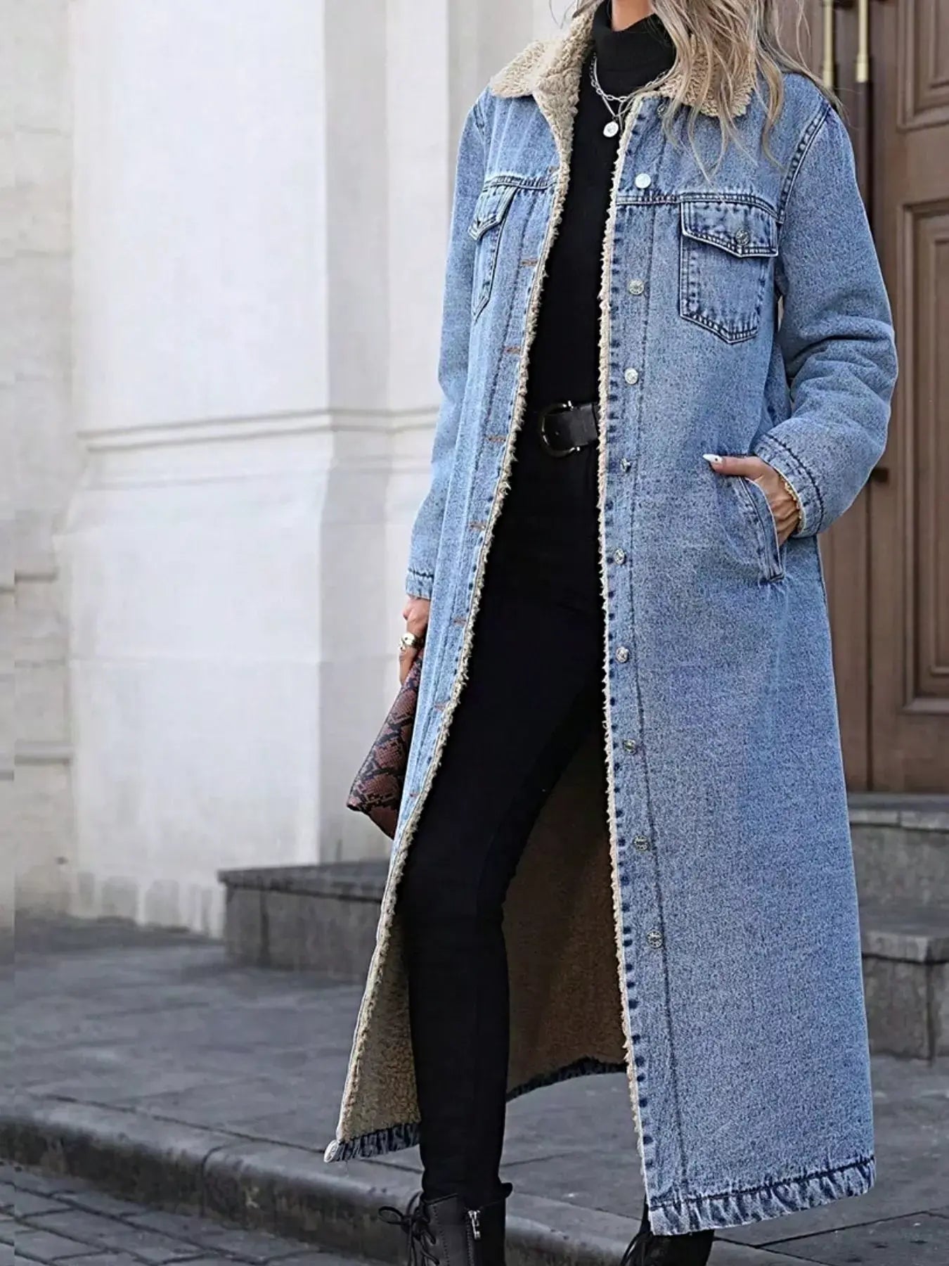 Sherpa Lined Longline Denim Jacket -