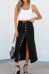 Button Fly Side Split Denim Midi Skirt -