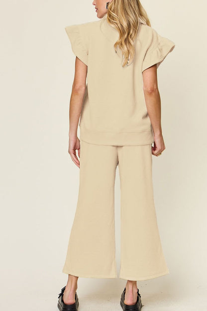 Double Take Texture Ruffle Short Sleeve Top and Drawstring Wide Leg Pants Set