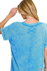 Zenana Washed Ribbed Cuffed Short Sleeve Round Neck Top -