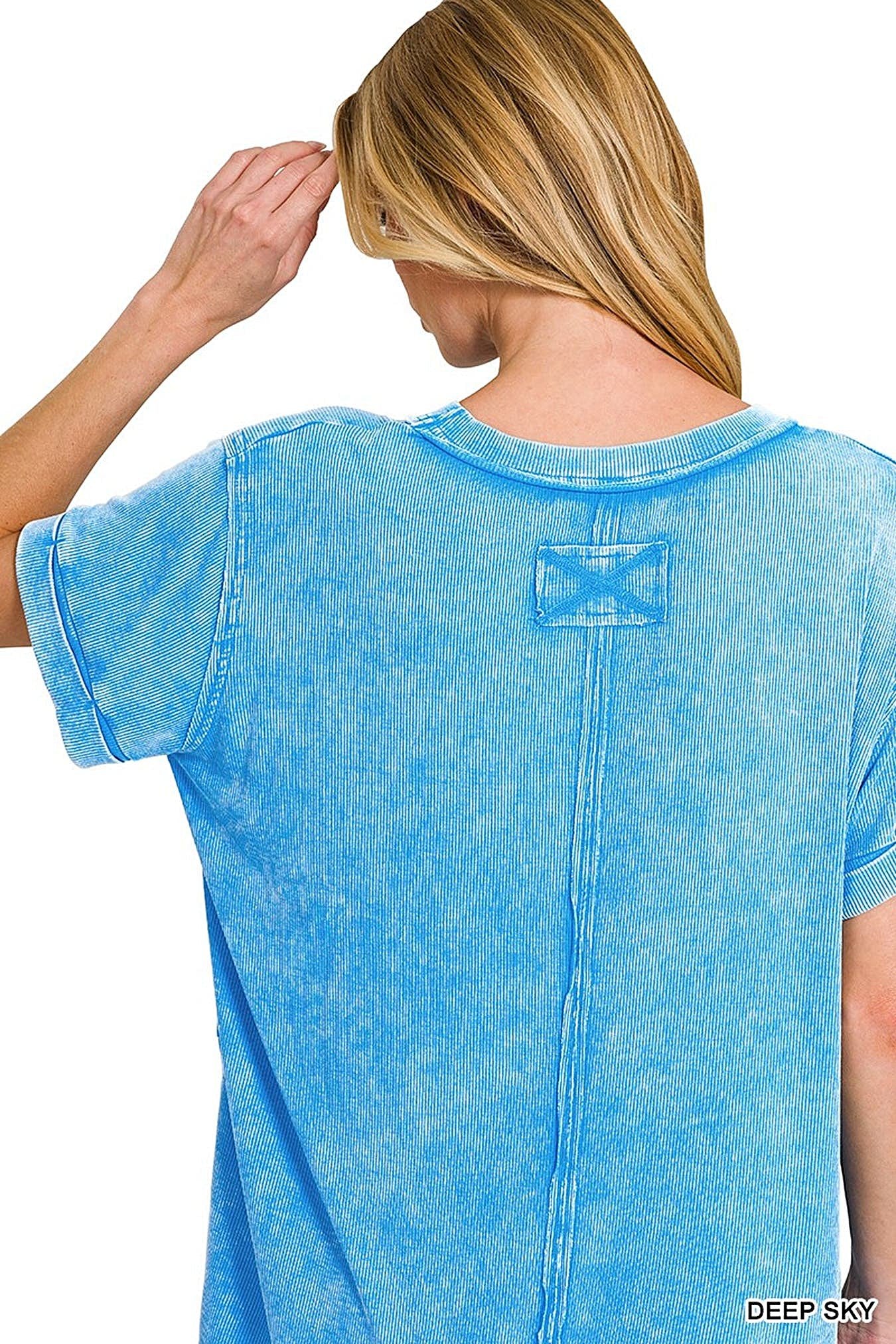 Zenana Washed Ribbed Cuffed Short Sleeve Round Neck Top -