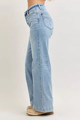 Judy Blue Mid Rise Retro Wide Leg Jeans with Fold-over Waistband -