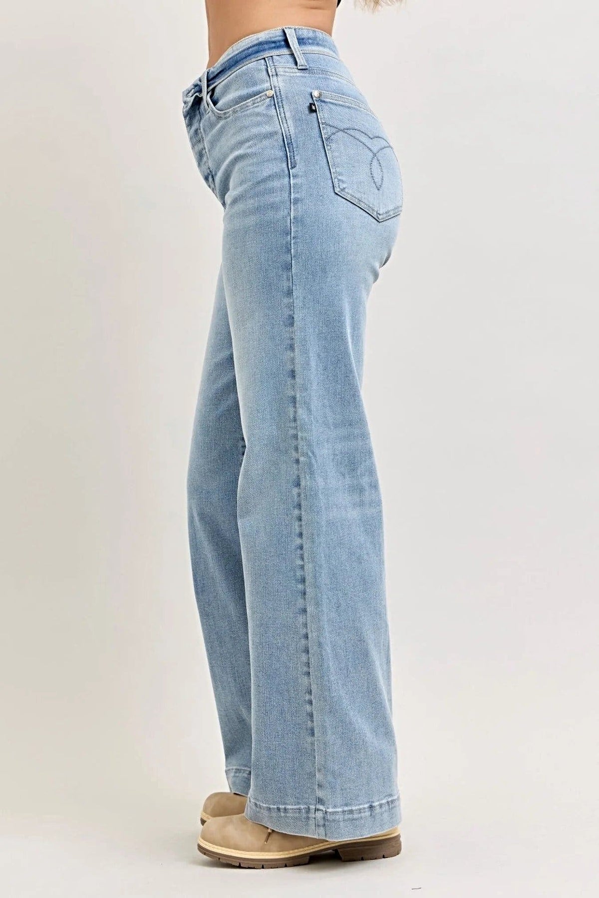 Judy Blue Mid Rise Retro Wide Leg Jeans with Fold-over Waistband -