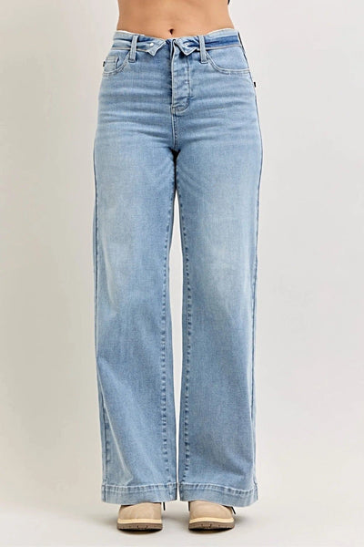 Judy Blue Mid Rise Retro Wide Leg Jeans with Fold-over Waistband -