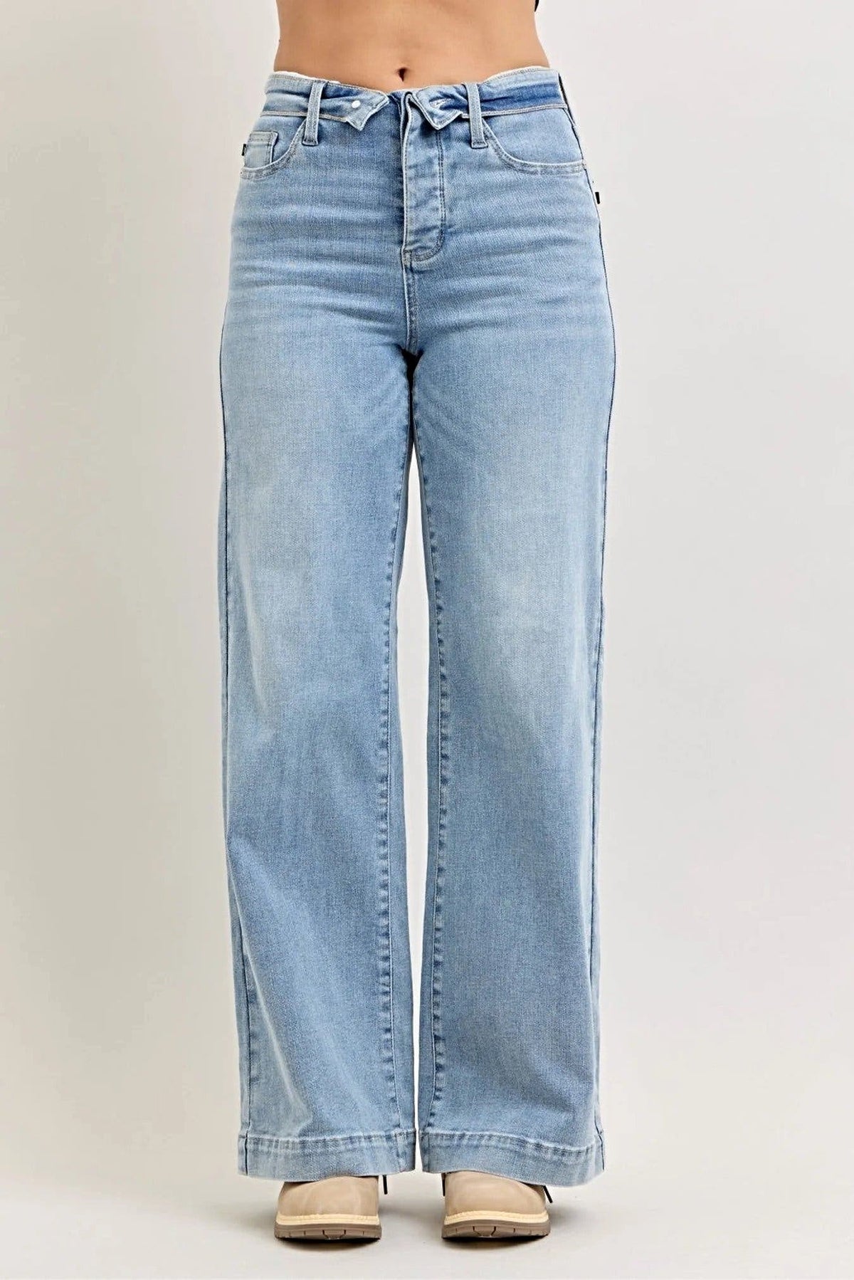 Judy Blue Mid Rise Retro Wide Leg Jeans with Fold-over Waistband -