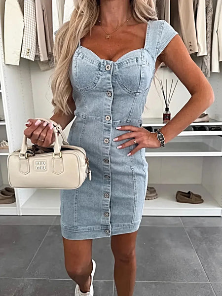 Sweetheart Neck Cap Sleeve Denim Dress -