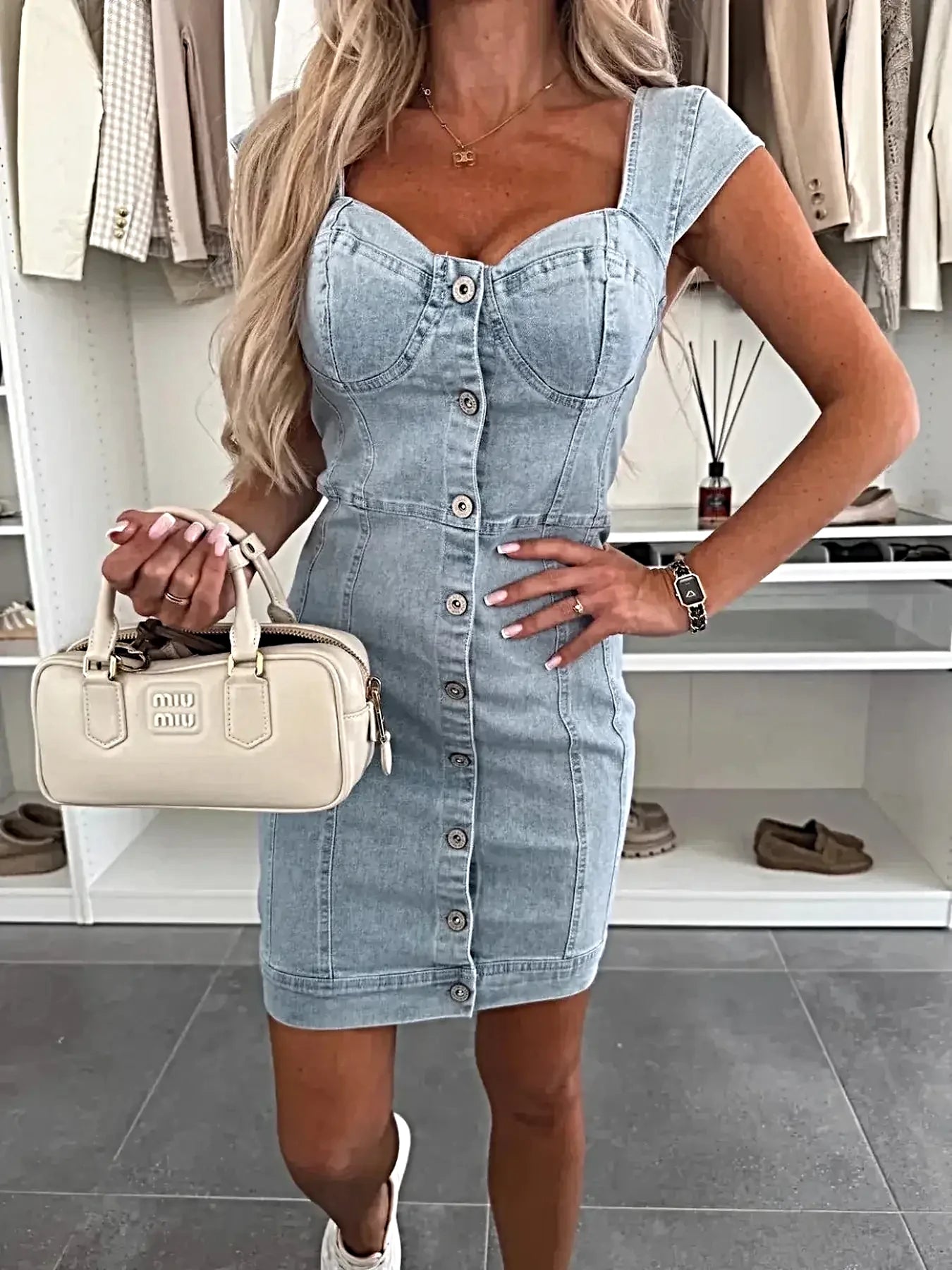 Sweetheart Neck Cap Sleeve Denim Dress -