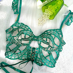 Elegant display of the Luxe Green Metallic Lingerie Set, highlighting the sophisticated lace and faux-leather materials, offering a glimpse into the allure of this premium metallic lingerie set.