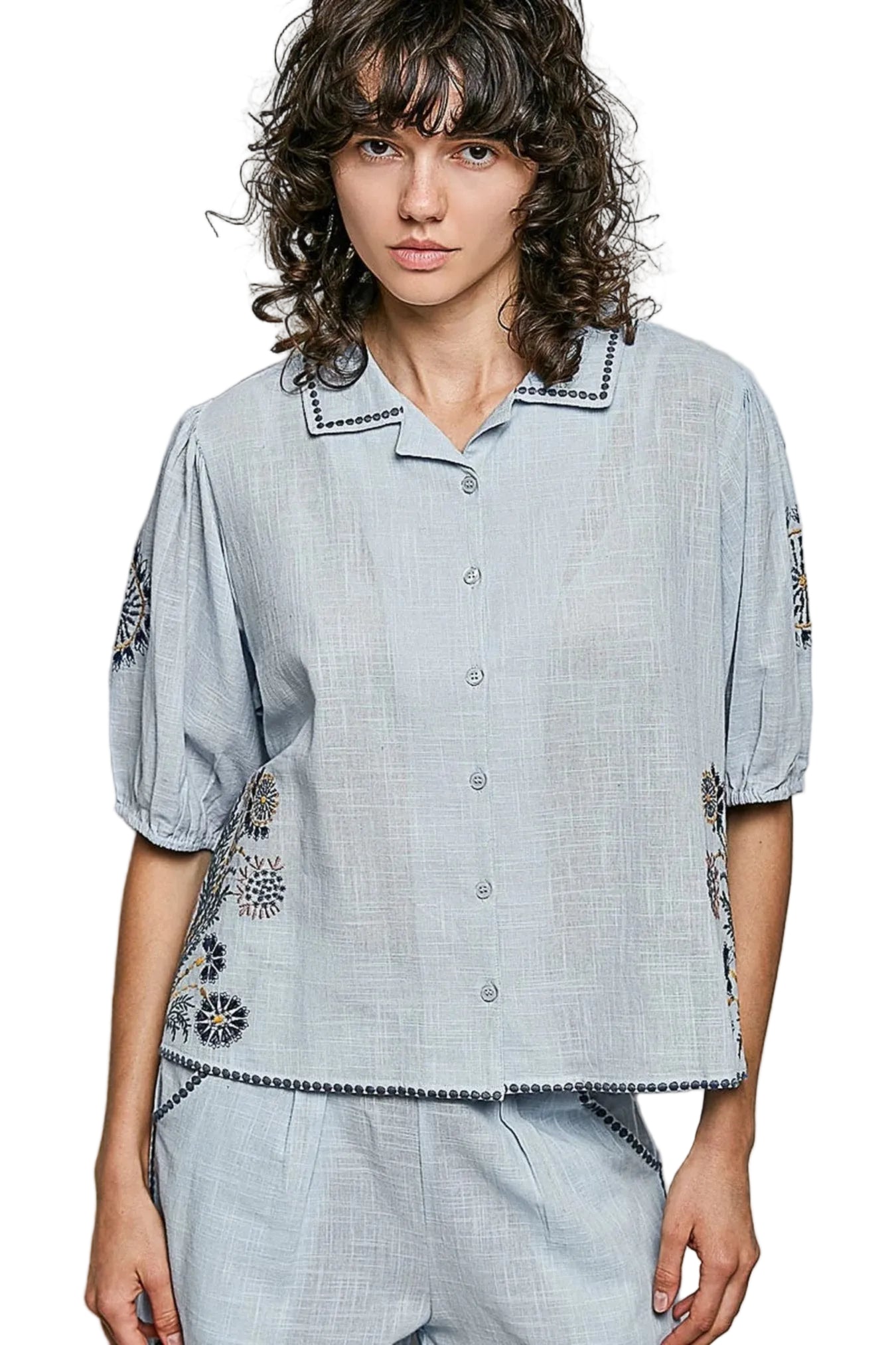 POL Button Down Embroidered Floral Short Sleeve Shirt -