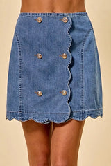 SO ME Denim Scalloped Buttoned Front Skirt -