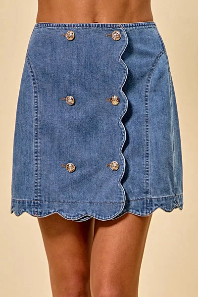 SO ME Denim Scalloped Buttoned Front Skirt -
