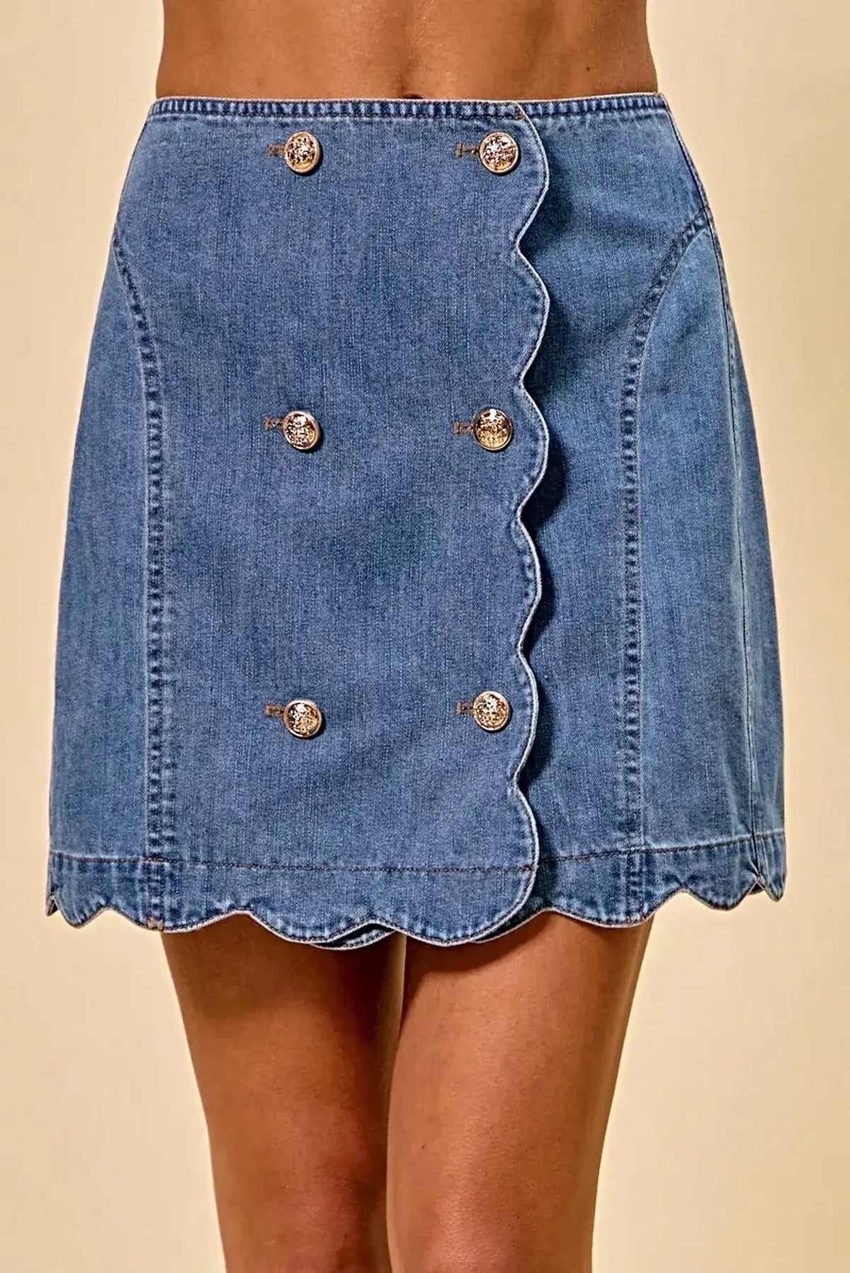 SO ME Denim Scalloped Buttoned Front Skirt -