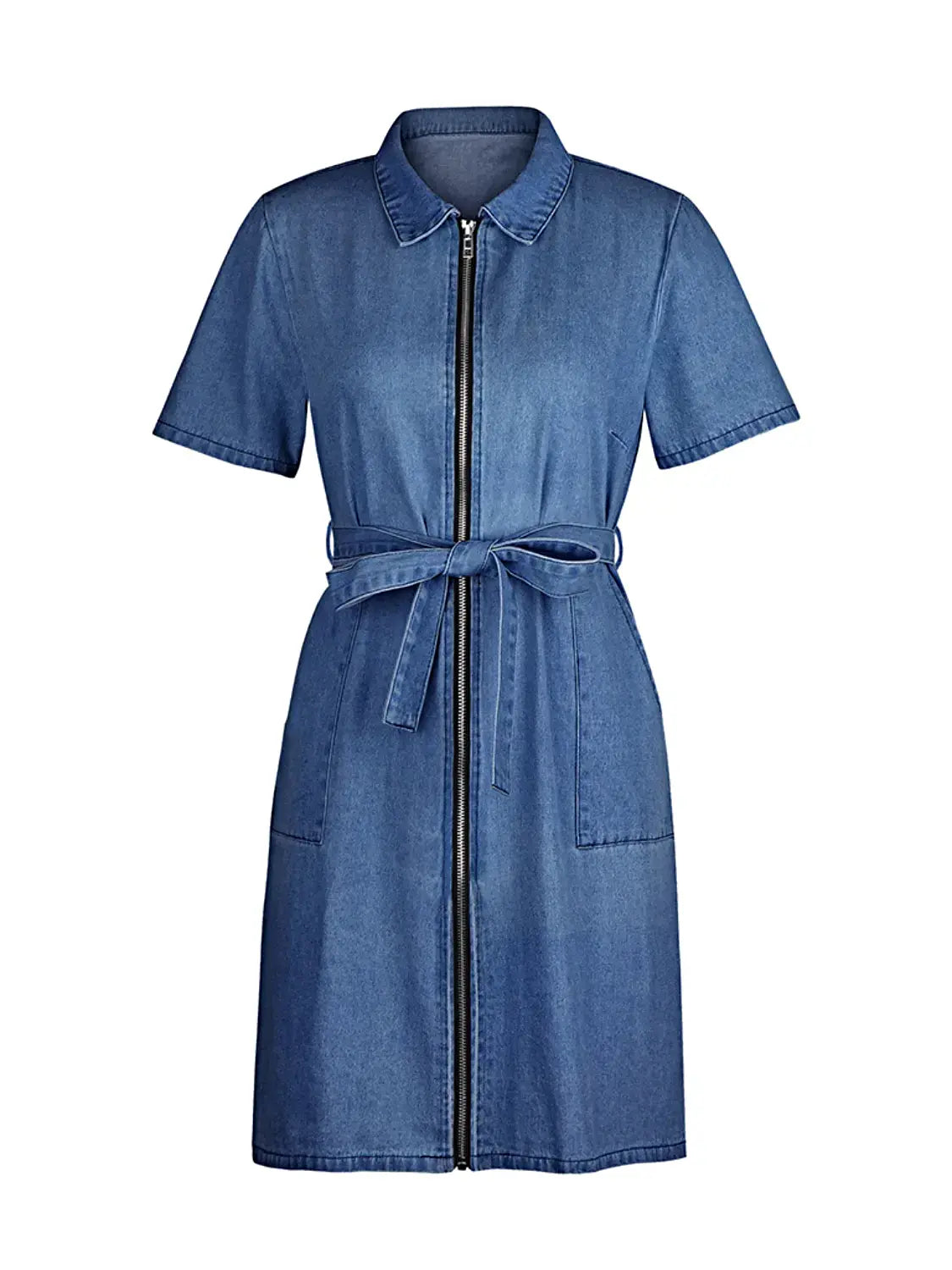 Full Size Zip Front Short Sleeve Denim Dress Plus Size -