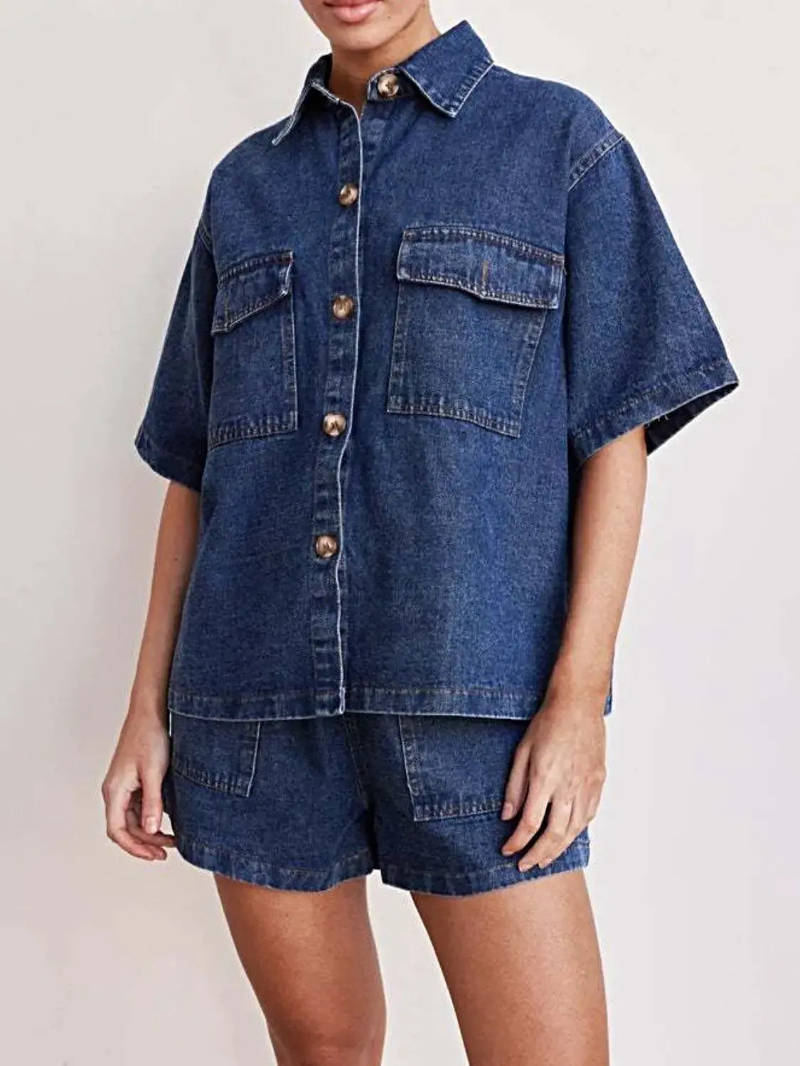 Button Up Short Sleeve Top and Shorts Denim Set -