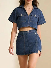 Short Sleeve Cropped Top and Skort Denim Set -