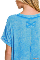 Zenana Washed Ribbed Cuffed Short Sleeve Round Neck Top -