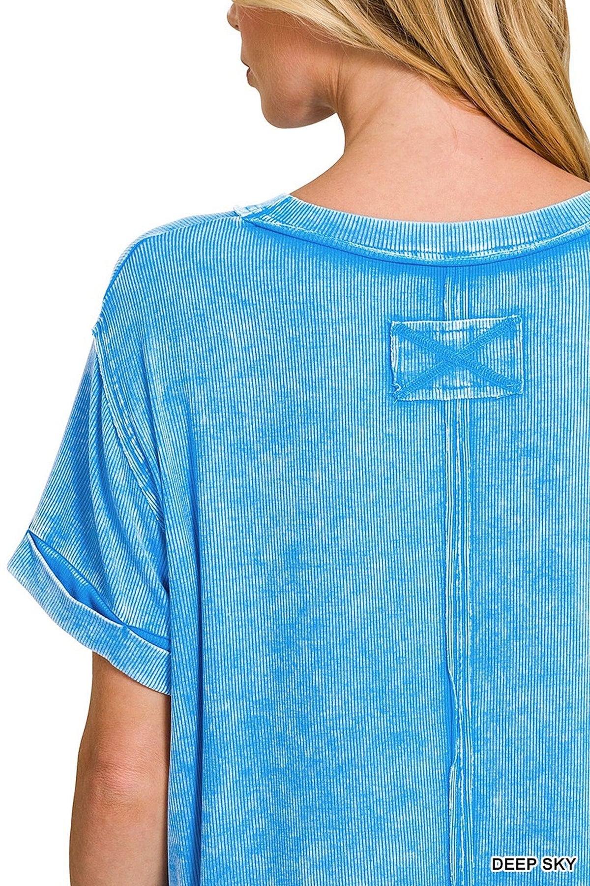 Zenana Washed Ribbed Cuffed Short Sleeve Round Neck Top -