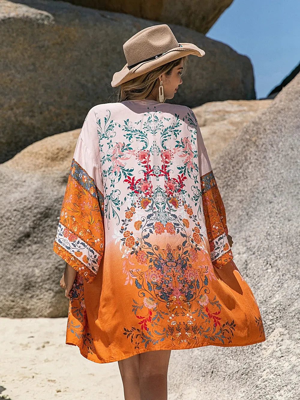 Printed Open Front Long Sleeve Cover-Up -
