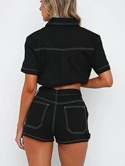 Button Up Short Sleeve Top and Shorts Denim Set -