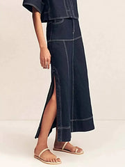 High Waisted Denim Skirt with Side Slit and Contrast Stitch - Chic Maxi Style -