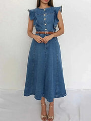 Button-Front Ruffle Sleeve Denim Midi Dress -