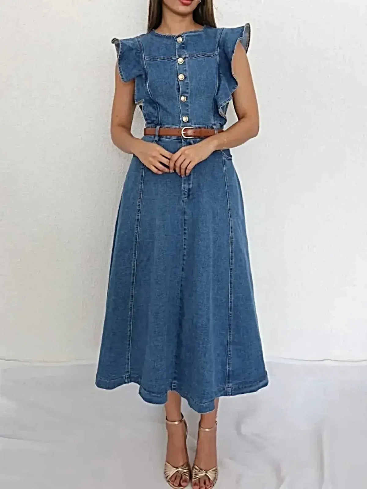 Button-Front Ruffle Sleeve Denim Midi Dress -