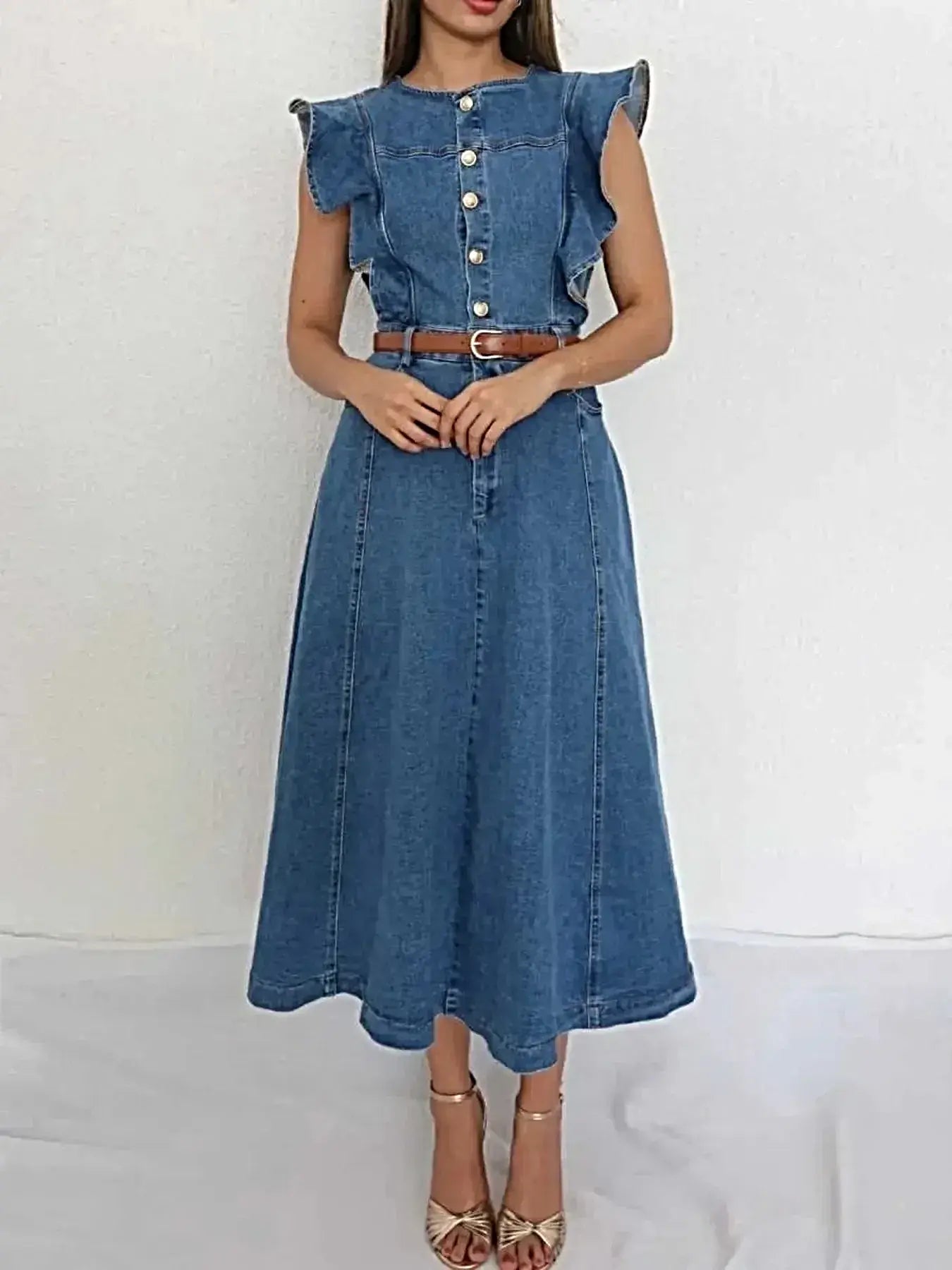 Button-Front Ruffle Sleeve Denim Midi Dress -