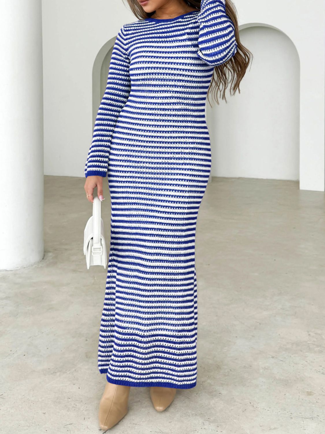 Devine Tied Round Neck Striped Sweater Dress