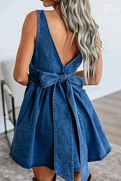 V-Back Bow Tie Denim Skater Dress -