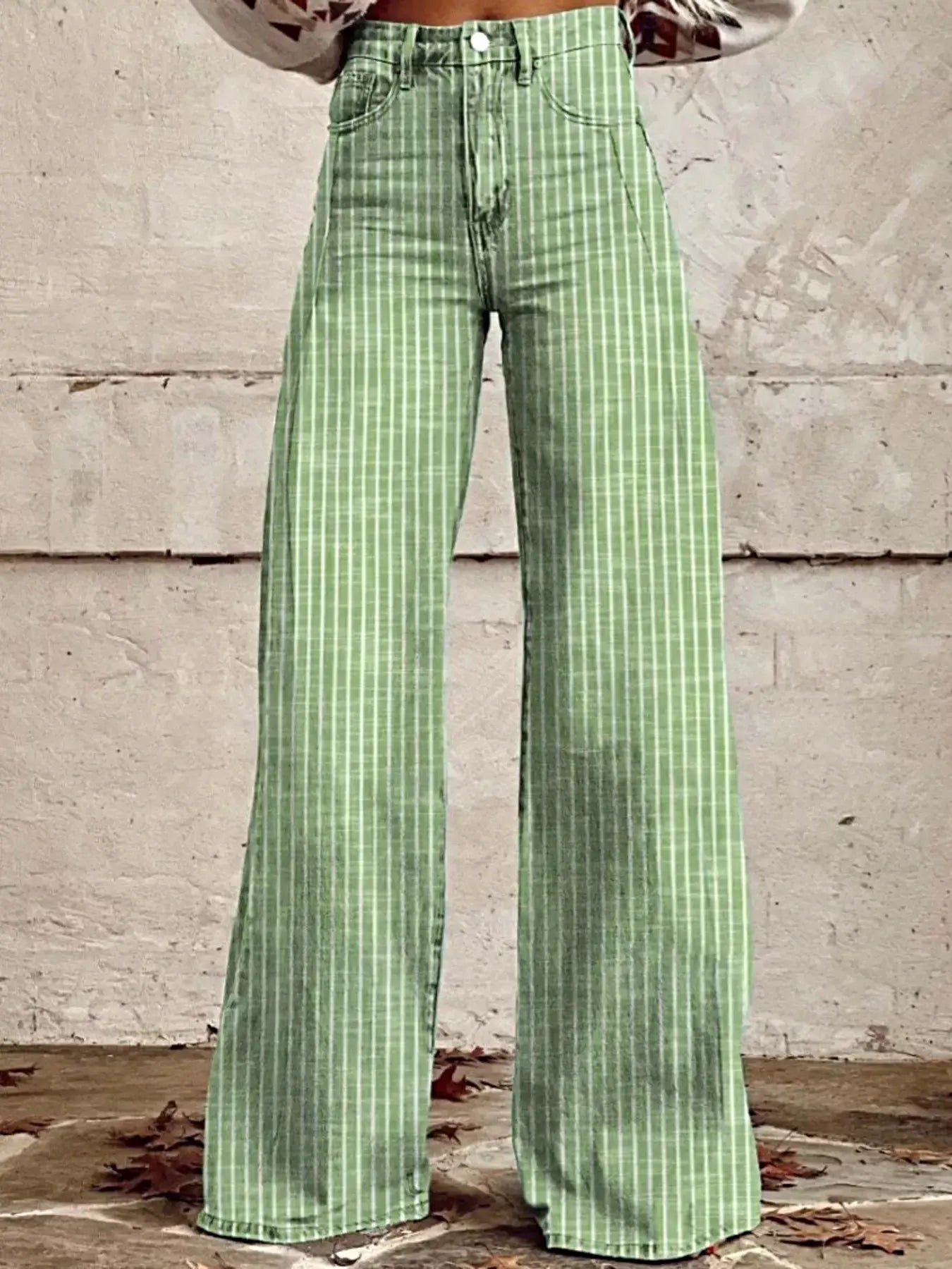 Striped High-Waisted Wide Leg Jeans -