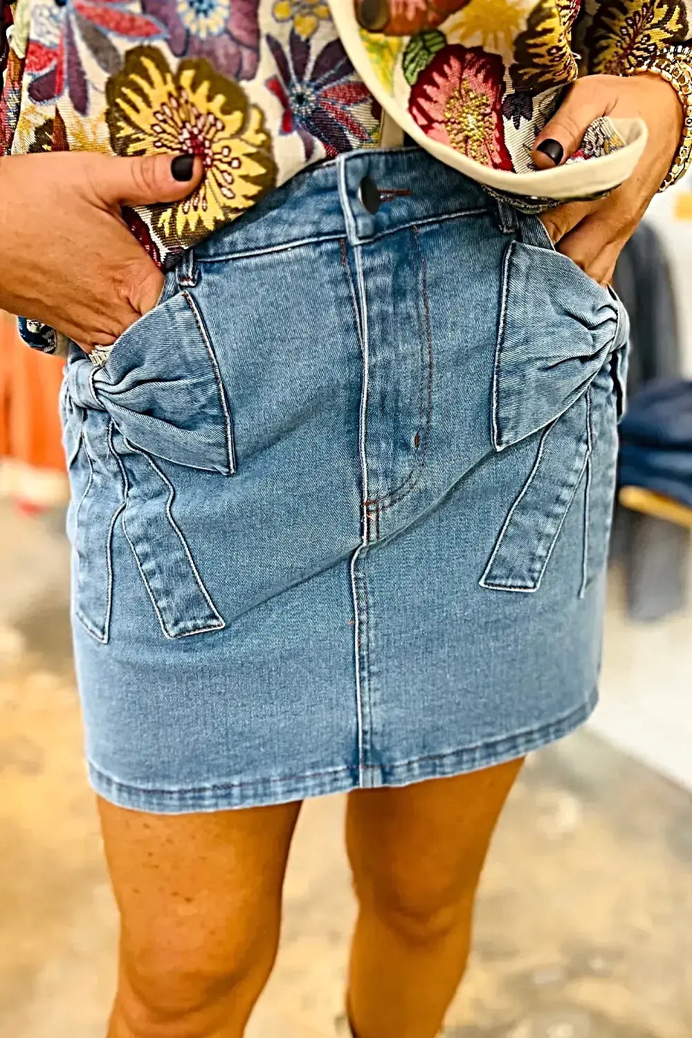 Stylish High Waist Denim Skirt with Acid Wash and Bowknot Details for Chic Outfits -