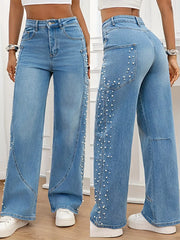 Pearl Embellished Wide Leg Jeans -