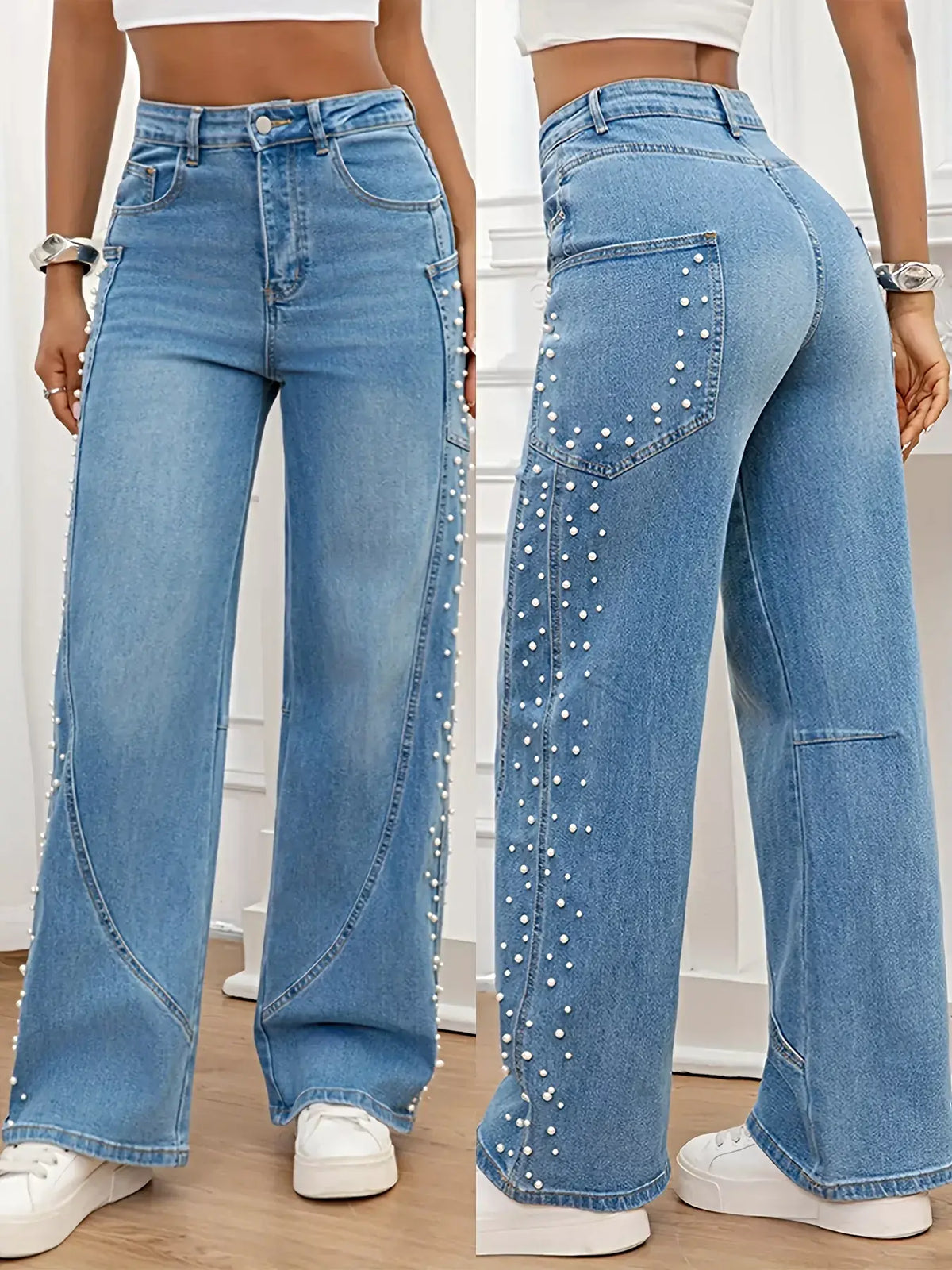 Pearl Embellished Wide Leg Jeans -