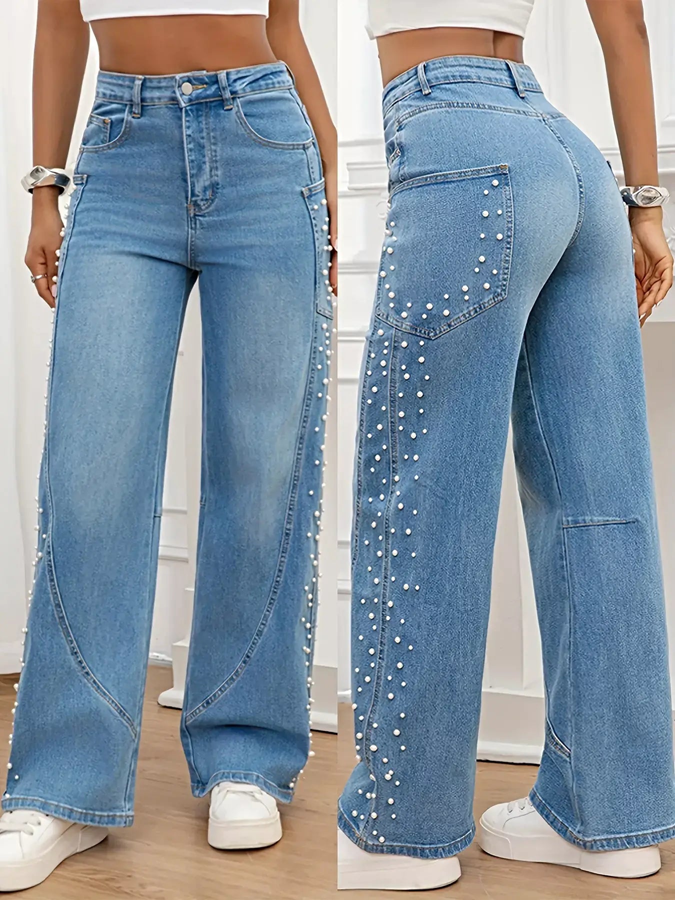 Pearl Embellished Wide Leg Jeans -