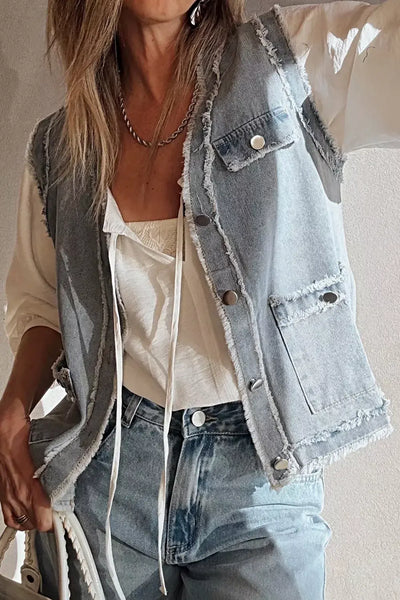 Frayed Edge Flap Pockets Denim Vest Jacket -