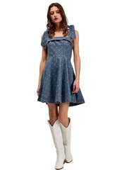 Elegant A-Line Fit and Flare Denim Dress with Diamond Bow Ribbon Detail -