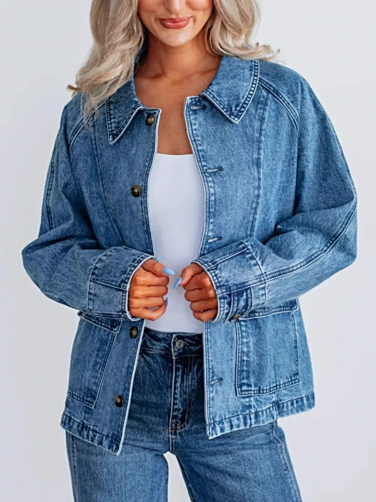 Button Up Raglan Sleeve Denim Jacket -