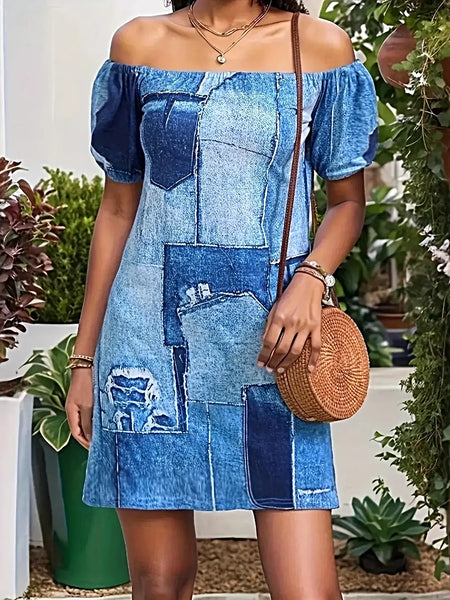 Elegant Off Shoulder Denim Dress - Patchwork Design, Classic Mini Style, 100% Polyester -