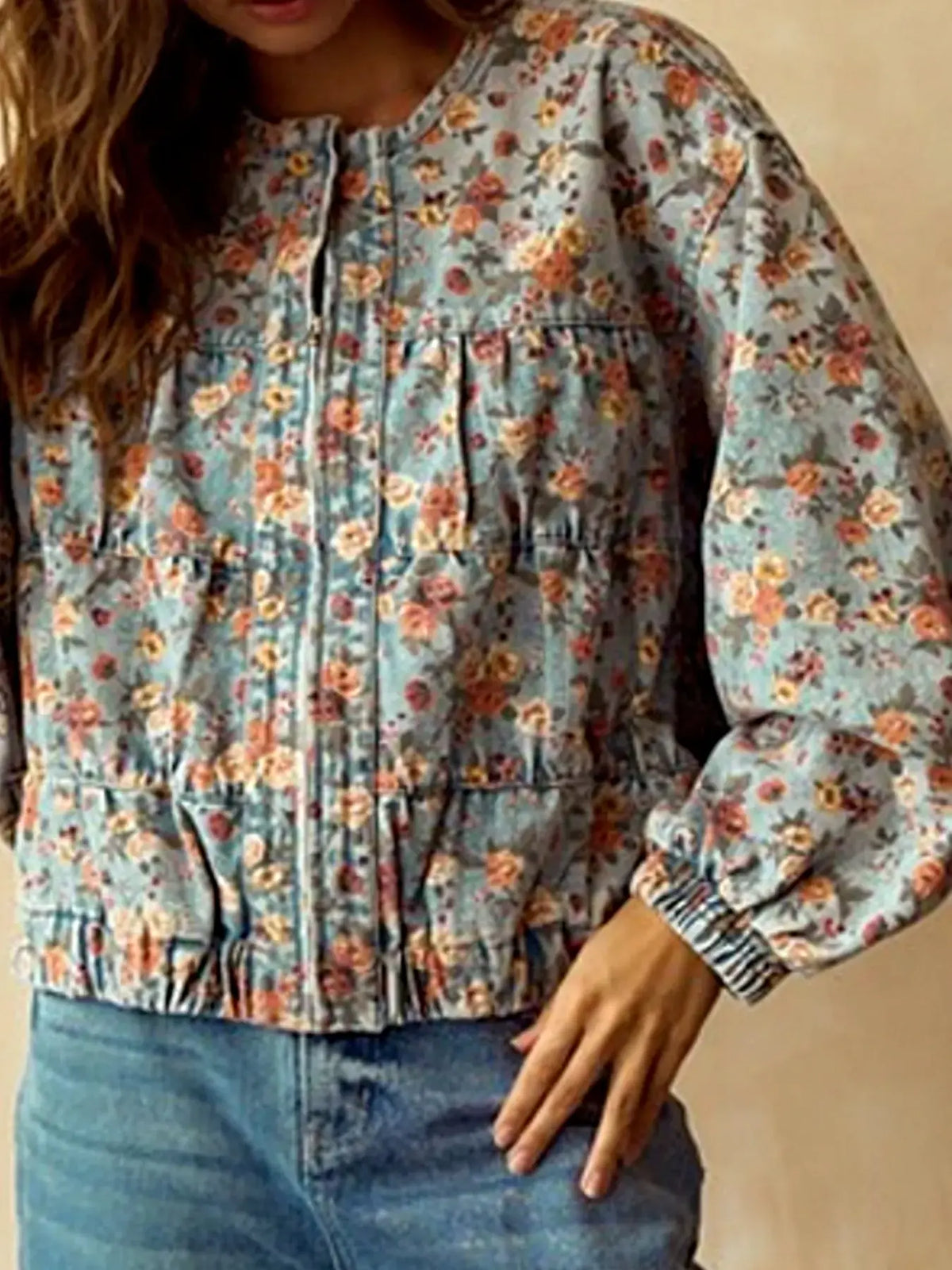 Floral Print Zip Up Cropped Denim Jacket -