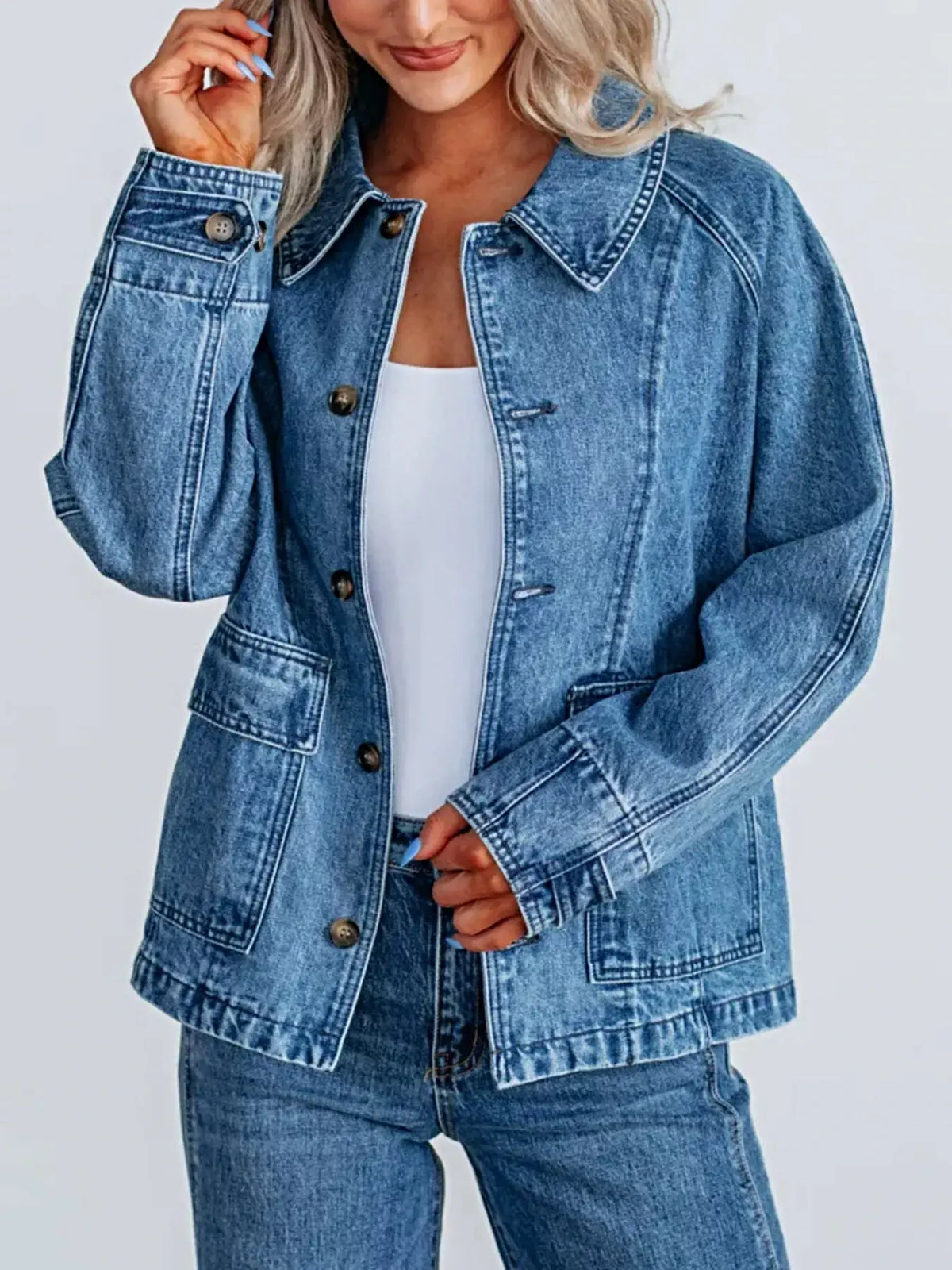 Button Up Raglan Sleeve Denim Jacket -