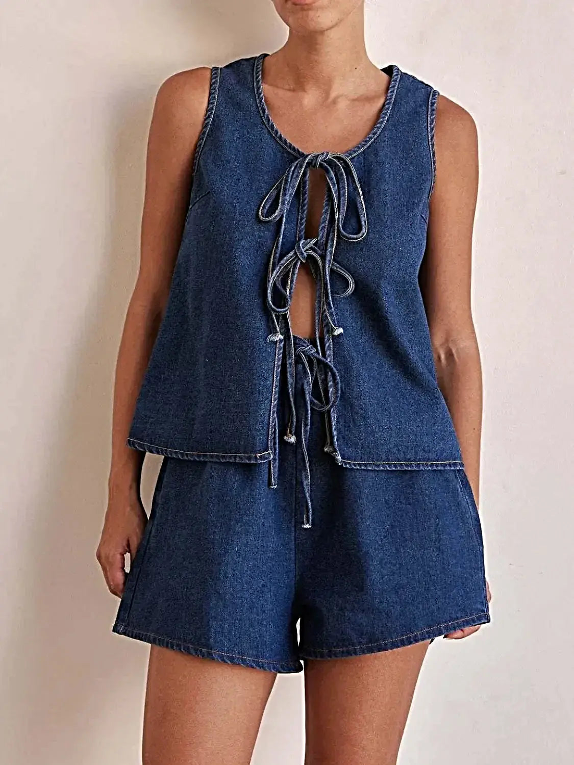 Tie Front Vest and Shorts Denim Set -