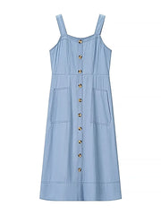 Denim Dress With Sweetheart Neckline, Buttoned & Pocketed - 100% Polyester, No Stretch -