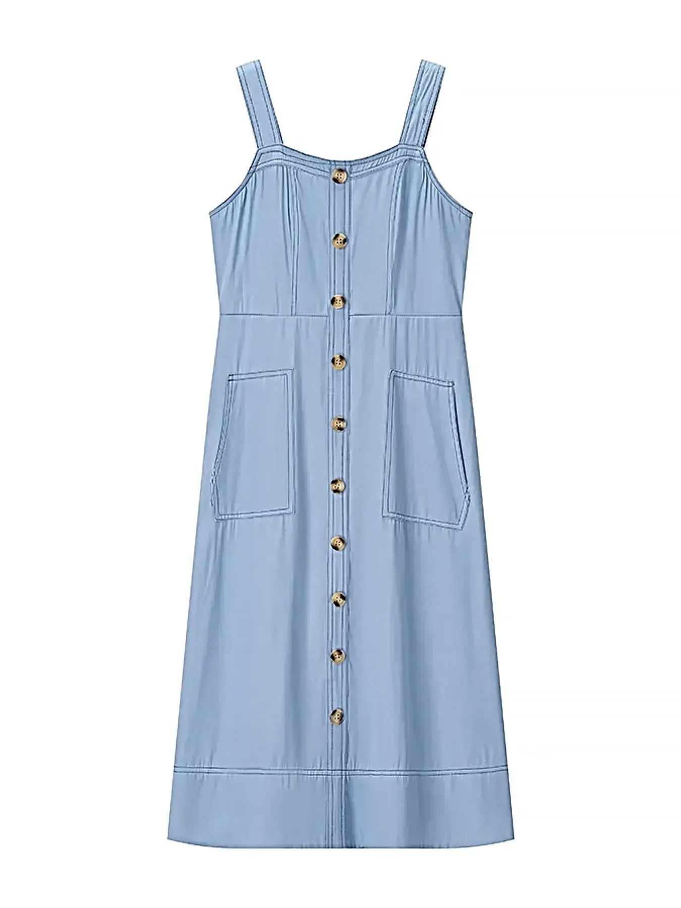 Denim Dress With Sweetheart Neckline, Buttoned & Pocketed - 100% Polyester, No Stretch -
