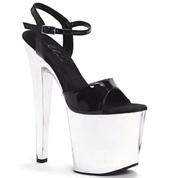 Ellie Shoes 821-Chrome 8 Inch Heel Sandals for Women featuring a stylish chrome finish, available in Black/Silver and Clear/Silver. Perfect 8 inch heel sandals to elevate your luxury fashion style.