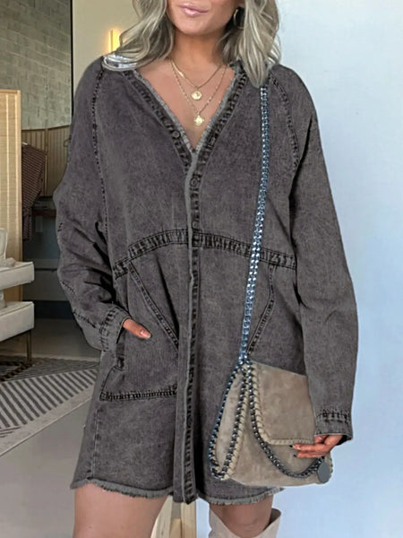 Full Size Button-Front Long Sleeve Denim Shirt Dress Plus Size -