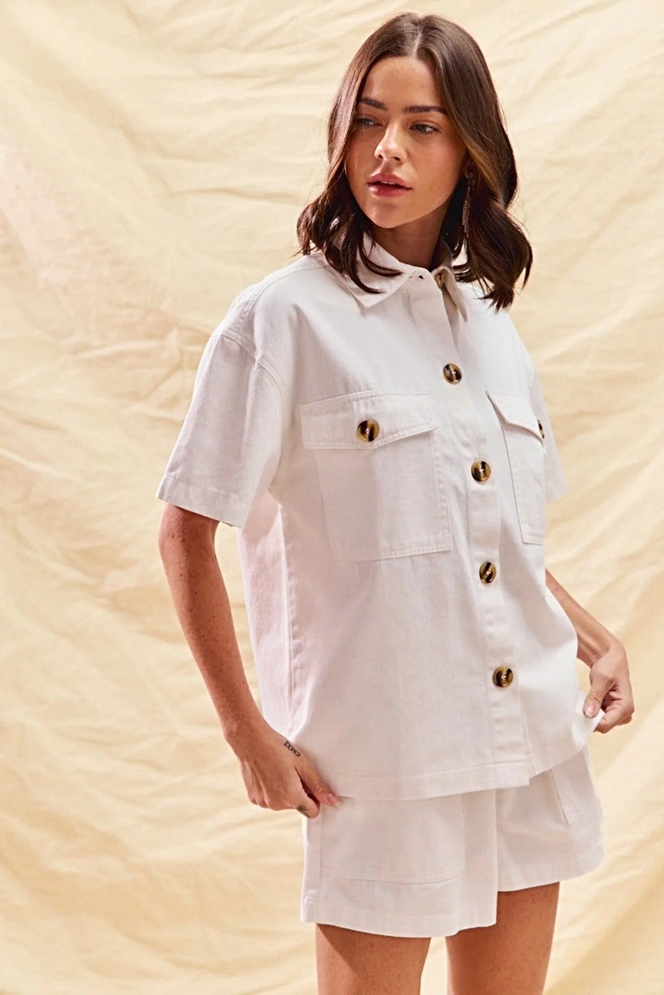 Chic Casual Spring Outfit: SO ME Button Down Denim Shirt and Shorts Set by Trendsi -