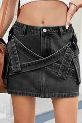 Criss-Cross Waist Detail Denim Mini Skirt -